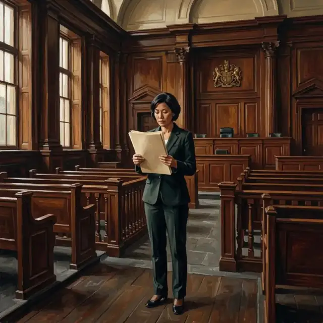 Conceptual illustration: An adult stands in a grand, wood-paneled courtroom, holding a single document. The room is vast and silent, emphasizing the weight of the legal processes that occur within.