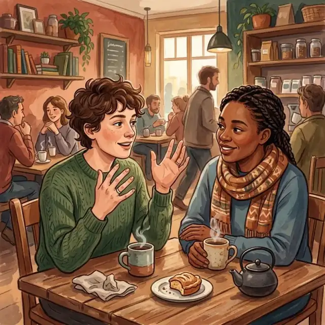 Conceptual illustration: An adult sits at a wooden table in a busy, warm, local café, chatting with a friend. They are speaking with their hands, and their expressions are relaxed, genuine, and comfortable.