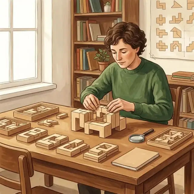 Conceptual illustration: An adult works at a large table, arranging complex, interlocking wooden pieces into a clear, ordered structure. The lighting is even and bright, highlighting the meticulous, step-by-step nature of their work.