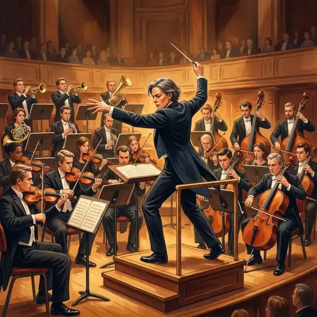 Conceptual illustration: A conductor stands in the middle of an orchestra, their hands and body in an intense, expansive gesture as the music reaches its absolute peak of volume and intensity. The lighting is dramatic, highlighting the energy and the total, all-consuming command of the musician in that moment.