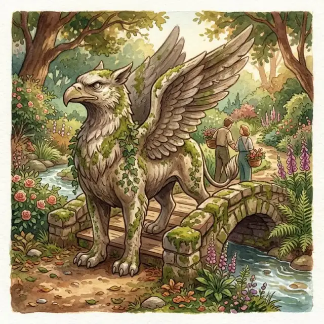 Conceptual illustration: An unmistakable stone griffin statue with the head and wings of an eagle and the body and four legs of a lion guards a small garden bridge. It is visibly a weathered storybook sculpture, with moss, ivy and a clear combined anatomy, not a purported real animal.