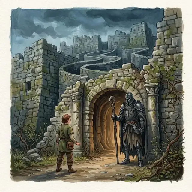 Conceptual illustration: An adult stands before a complex, stone-walled maze, the walls towering above them. At the center of the entrance stands a guardian figure, dark and imposing.