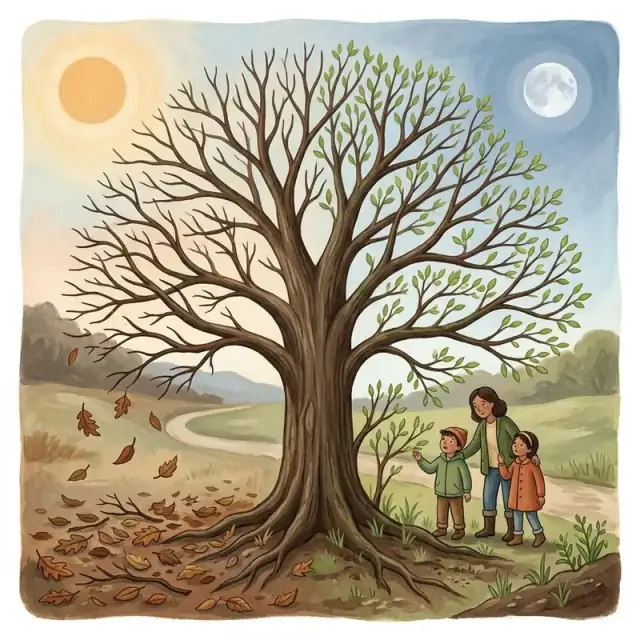 Conceptual illustration: A single broad botanical composition of a deciduous tree with fallen brown leaves at its roots, bare twigs on one side and budding green leaves on another, under a soft circle of sunlight and moonlight. This is an openly conceptual illustration of seasonal change, not a literal claim that a tree simultaneously experiences all seasons.