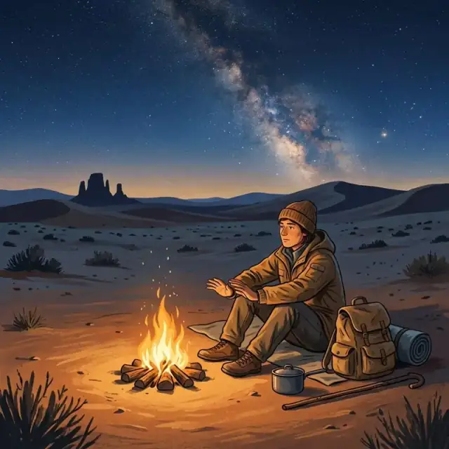 Conceptual illustration: An adult traveler sits by a campfire in a vast, open desert at night, their belongings packed simply beside them. The sky is full of stars, stretching to the horizon.
