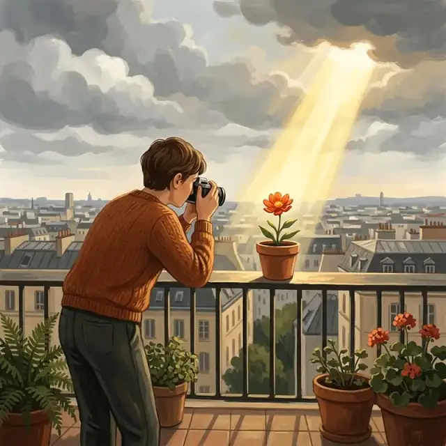 Conceptual illustration: An adult stands on a city balcony just as the clouds break, allowing a single, brilliant beam of sunlight to strike a specific, beautiful flower in a pot. The person is catching the moment, camera in hand, ready to capture it.