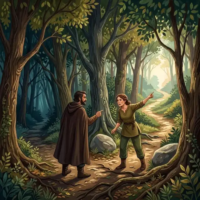 Conceptual illustration: Two adults stand at a crossroads in a dense woods. One points toward a path that leads into the light, while the other points toward a path disappearing into shadow.