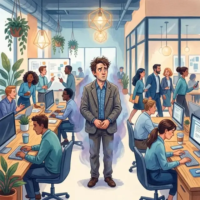 Conceptual illustration: An adult stands in the middle of a bustling, modern office, feeling entirely disconnected and confused, as if they don't share the same reality as the colleagues around them. The lighting is bright and cold, emphasizing their isolation.
