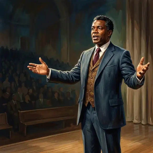 Conceptual illustration: An adult orator stands before a large, unseen audience, arms outstretched in an assertive, commanding gesture. The lighting on the stage is sharp, highlighting their confident expression and the focused intensity of their speech.