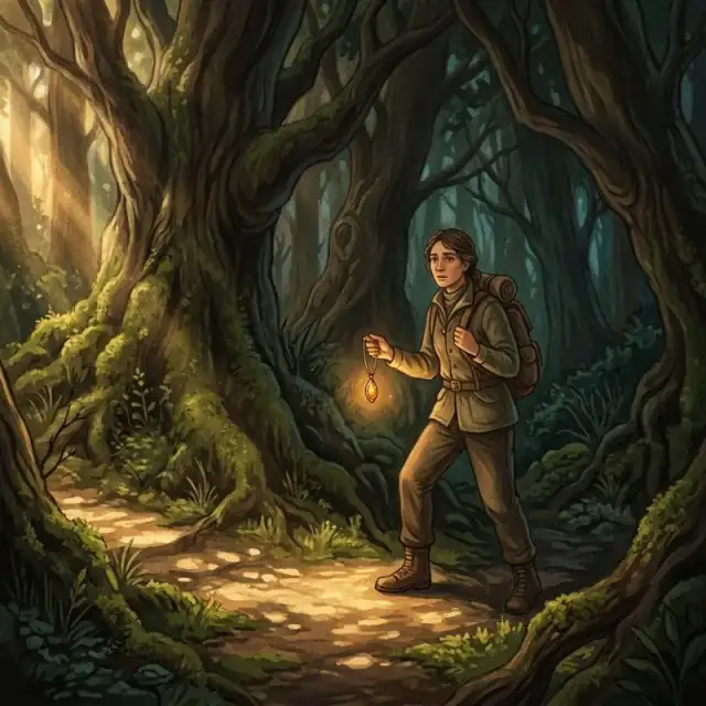 Conceptual illustration: An adult stands at the entrance of a quiet, ancient forest, one foot on a sunlit path and the other in deep shadow. They carry a small, glowing talisman that seems to illuminate the space immediately in front of them.