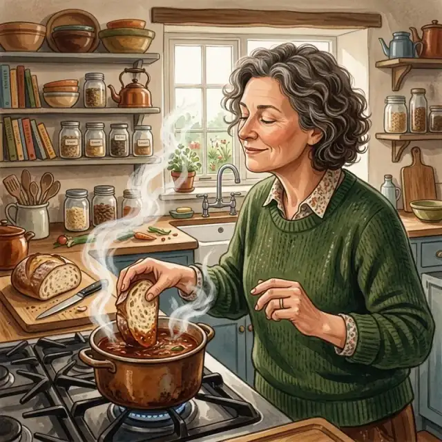 Conceptual illustration: An adult is in a kitchen, holding a piece of crusty bread dipped into a dark, rich, simmering sauce. The steam rises, and the person’s expression is one of complete, quiet satisfaction.