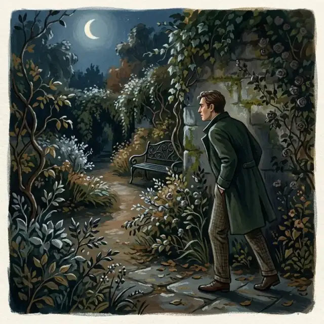 Conceptual illustration: An adult stands in the shadowed corner of a moonlit garden, waiting for someone to arrive. The scene is quiet, tense, and full of anticipation.