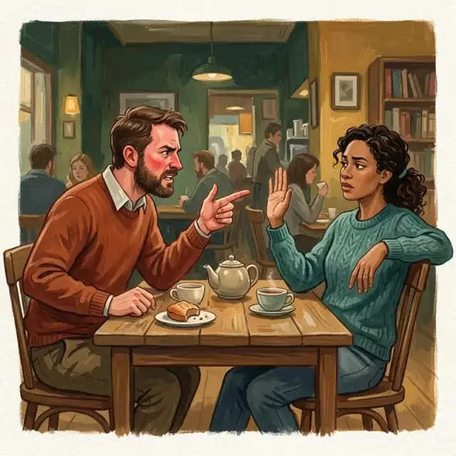 Conceptual illustration: Two unnamed adults having a heated disagreement at a table. One uses pointed, angry gestures while the other leans back and raises an open hand to ask for a pause.