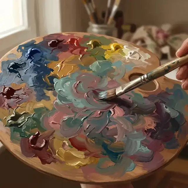 Conceptual illustration: An artist’s palette is covered in swirling, multi-colored pigments, the colors blending into new, subtle shades as the brush moves. The light catches the texture of the thick paint.