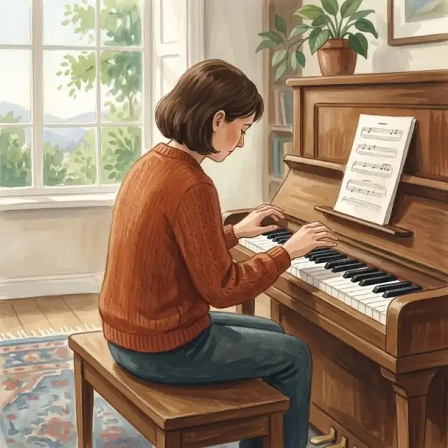 Conceptual illustration: An adult sits at a piano, hands hovering above the keys, but not touching them. The room is still and quiet, with soft light filtering through a window.