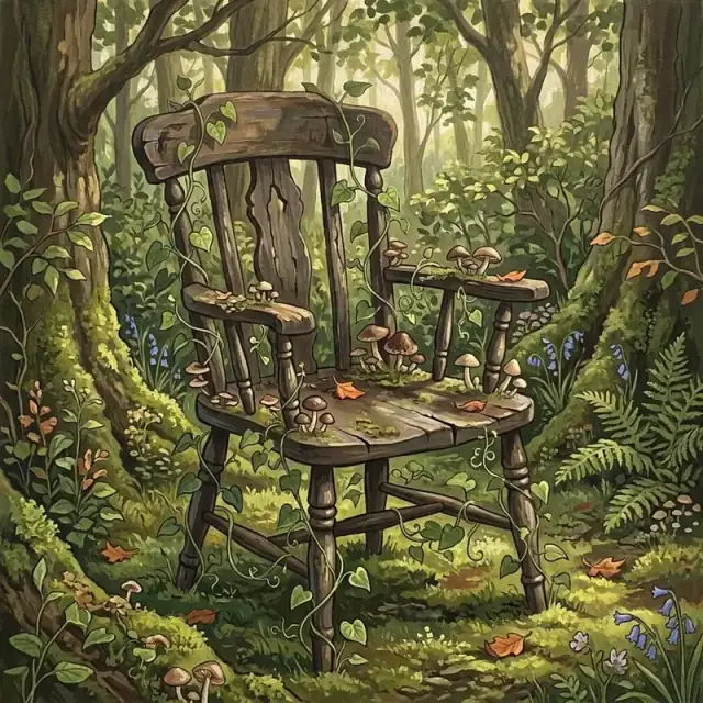 Conceptual illustration: A beautiful, old wooden chair is slowly being reclaimed by the forest floor, with vines wrapping around its legs and mushrooms growing on the seat. The light is filtered and soft, creating a sense of serene, dignified deterioration.