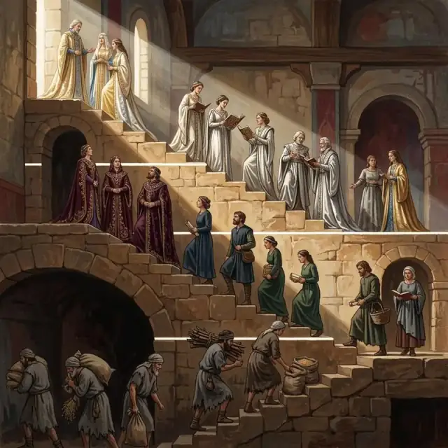 Conceptual illustration: A large, visual representation of a stone staircase where people at different levels are dressed in distinct, hierarchical styles of clothing. The lighting is structured and stark, creating sharp, literal divisions between the levels.