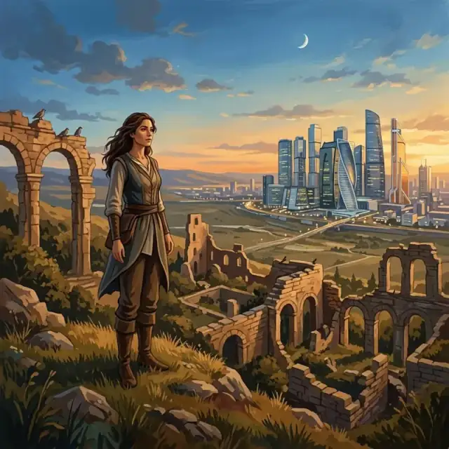 Conceptual illustration: An adult stands on a hill looking out over a landscape that is clearly showing two distinct layers of time: ancient, crumbling ruins in the foreground and a modern, glass-and-steel city in the distance. The lighting is transitional—the golden hour between day and night, symbolizing the change between eras.