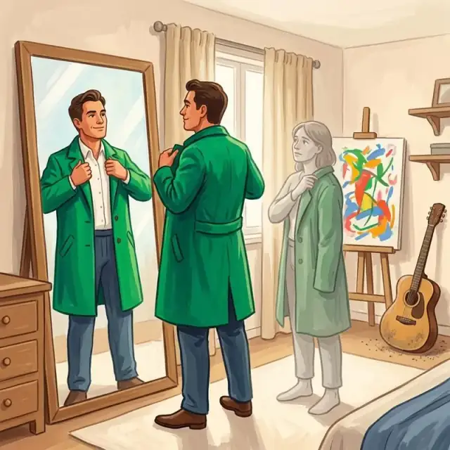Conceptual illustration: A conceptual illustration of an unequal relationship in an ordinary apartment: one adult confidently chooses a green coat in front of a mirror, while their partner quietly copies that exact outfit and posture. Beside the second person an abandoned colourful painting and neglected guitar hint at interests they have set aside.