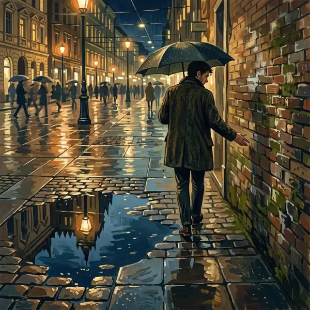 Conceptual illustration: A person walks slowly through a rain-slicked city square at night, noticing details others miss—a reflection in a puddle, the texture of a brick wall, the pattern of streetlights. They are not in a hurry, observing the life of the city as a living, shifting entity.