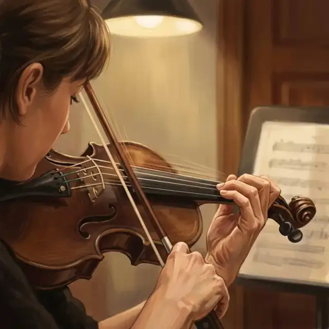 Conceptual illustration: A close-up of a musician’s fingers dancing across the neck of a violin, catching the slight tension and the blurred motion of the strings. The lighting is warm and focused on the hands, highlighting the intense, precise skill required to perform.