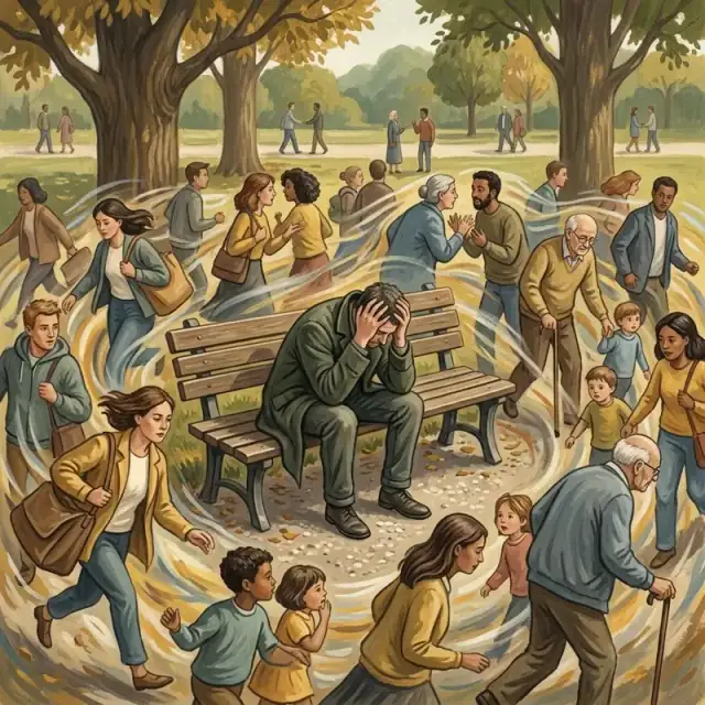 Conceptual illustration: An adult sits on a bench in a public park, head resting in their hands, surrounded by a swirling, chaotic flow of people. They appear utterly exhausted, disconnected from the energy of the crowd.