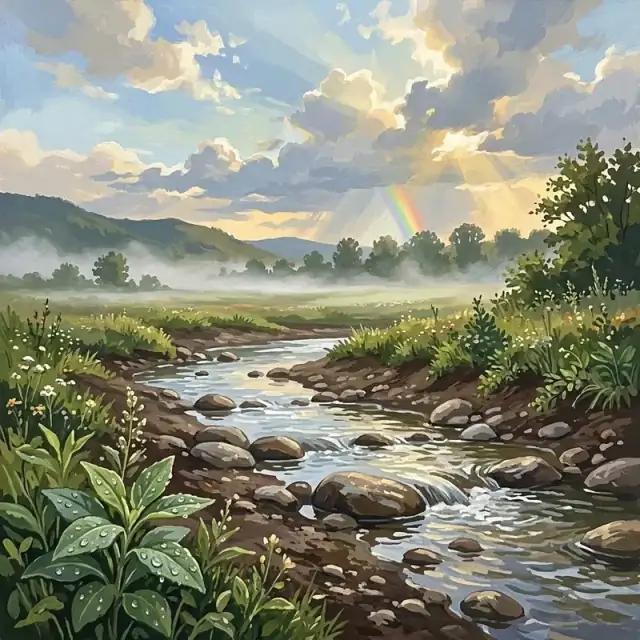 Conceptual illustration: A coherent wide landscape after rain, showing a shallow stream flowing over smooth stones, damp dark soil, a few raindrops on a leaf in the foreground, low mist over a meadow and sunlight breaking through clouds. A small rainbow emerges above the distant trees.