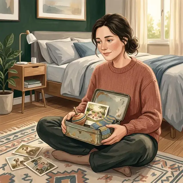 Conceptual illustration of an adult looking wistfully at childhood keepsakes in a tin, including a worn toy, a faded photograph and a small scarf.