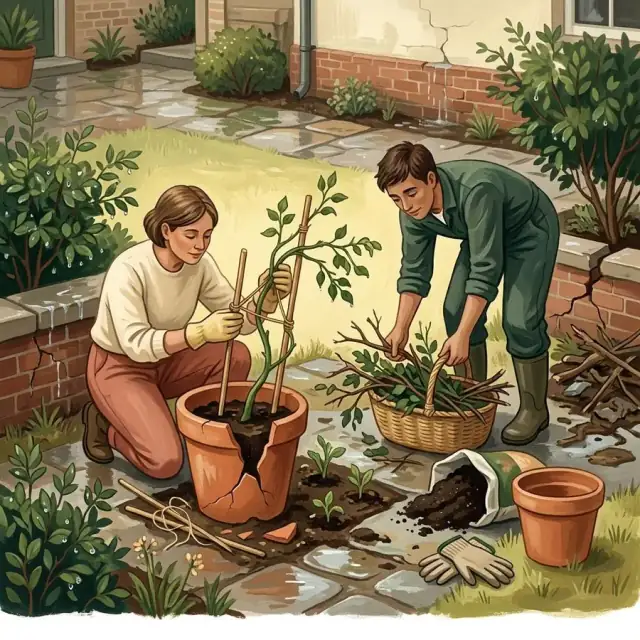 Fictional neighbours restoring a storm-damaged courtyard garden, staking a bent plant beside broken branches and a cracked planter.