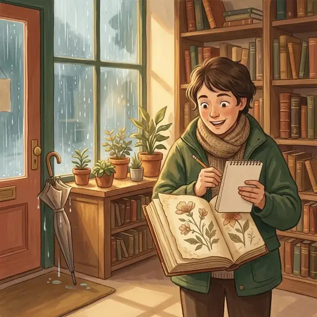 Fictional artist discovering a book of botanical drawings while sheltering from rain in a secondhand bookshop, with a wet umbrella near the door.