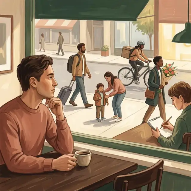 Conceptual café scene with an observer noticing different unnamed people on the street, including a traveller, a parent and a delivery cyclist.
