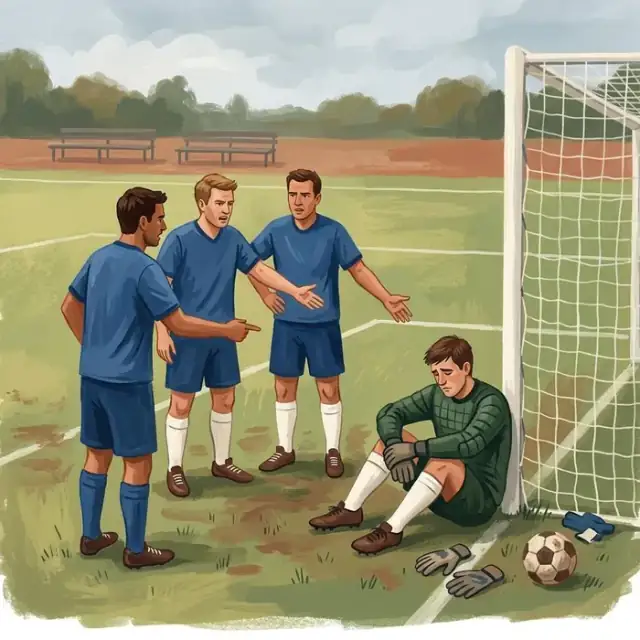 Illustration of a fictional football team blaming an isolated goalkeeper for a collective defeat.
