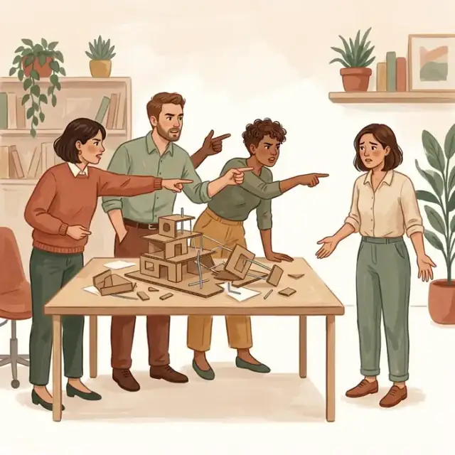 Illustration of coworkers unfairly singling out one colleague for a shared project failure.